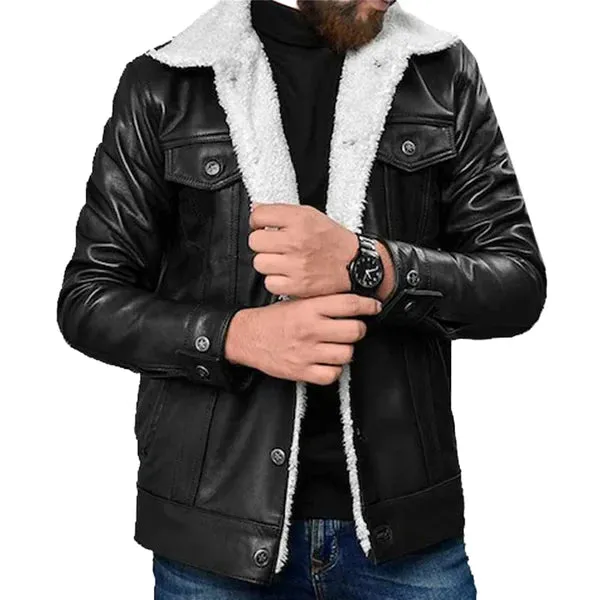 Men's Black Aviator Faux Shearling Leather Jacket