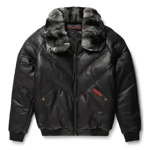 Men's Black V-Bomber Faux Shearling Full Fox Collar Leather Jacket