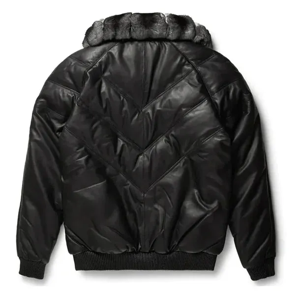 Men's Black V-Bomber Faux Shearling Full Fox Collar Leather Jacket