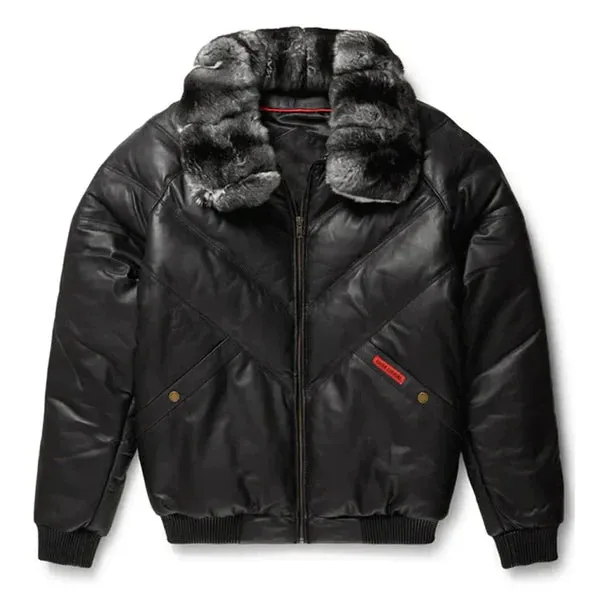 Men's Black V-Bomber Faux Shearling Full Fox Collar Leather Jacket