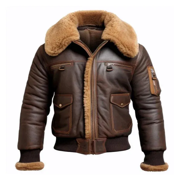 Men's Brown Aviator Lapel Faux Shearling Bomber Leather Jacket