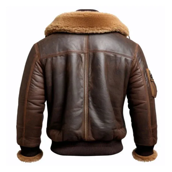 Men's Brown Aviator Lapel Faux Shearling Bomber Leather Jacket
