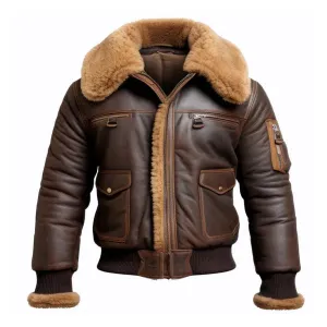 Men's Brown Aviator Lapel Faux Shearling Bomber Leather Jacket