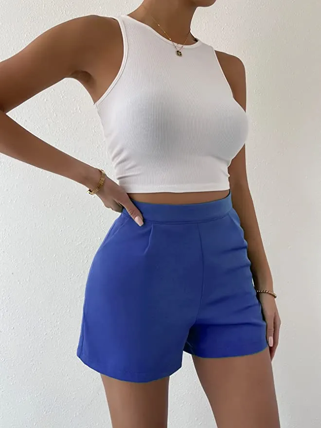 Pleated Blue High Waist Summer Shorts