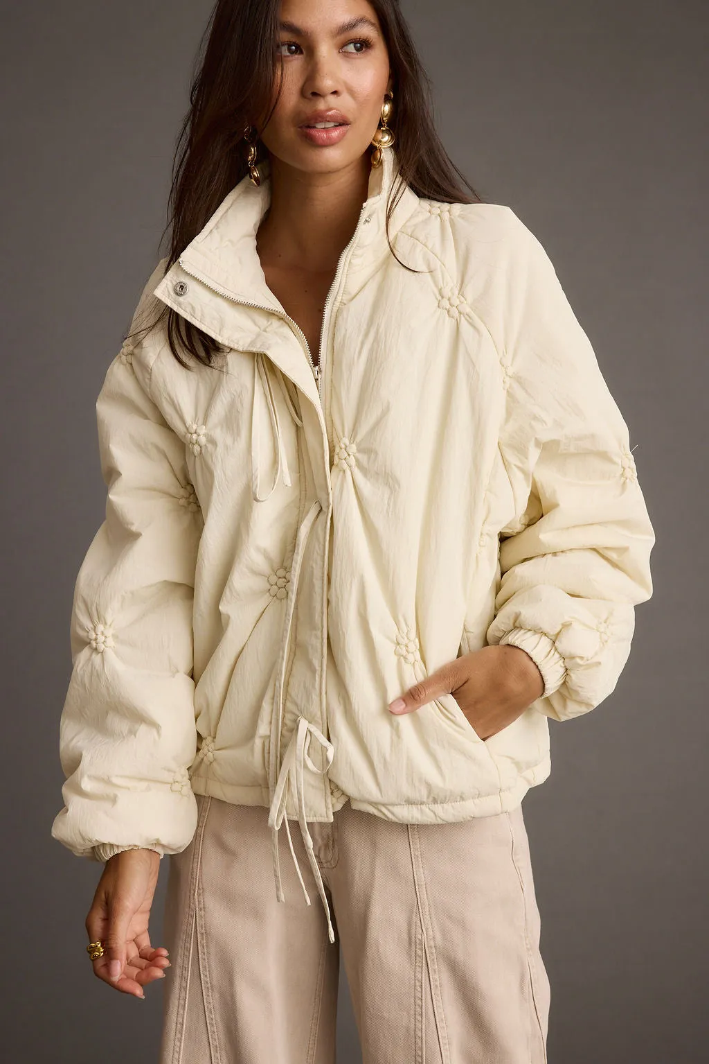 Rosey Cream Zip Front Puffer Coat