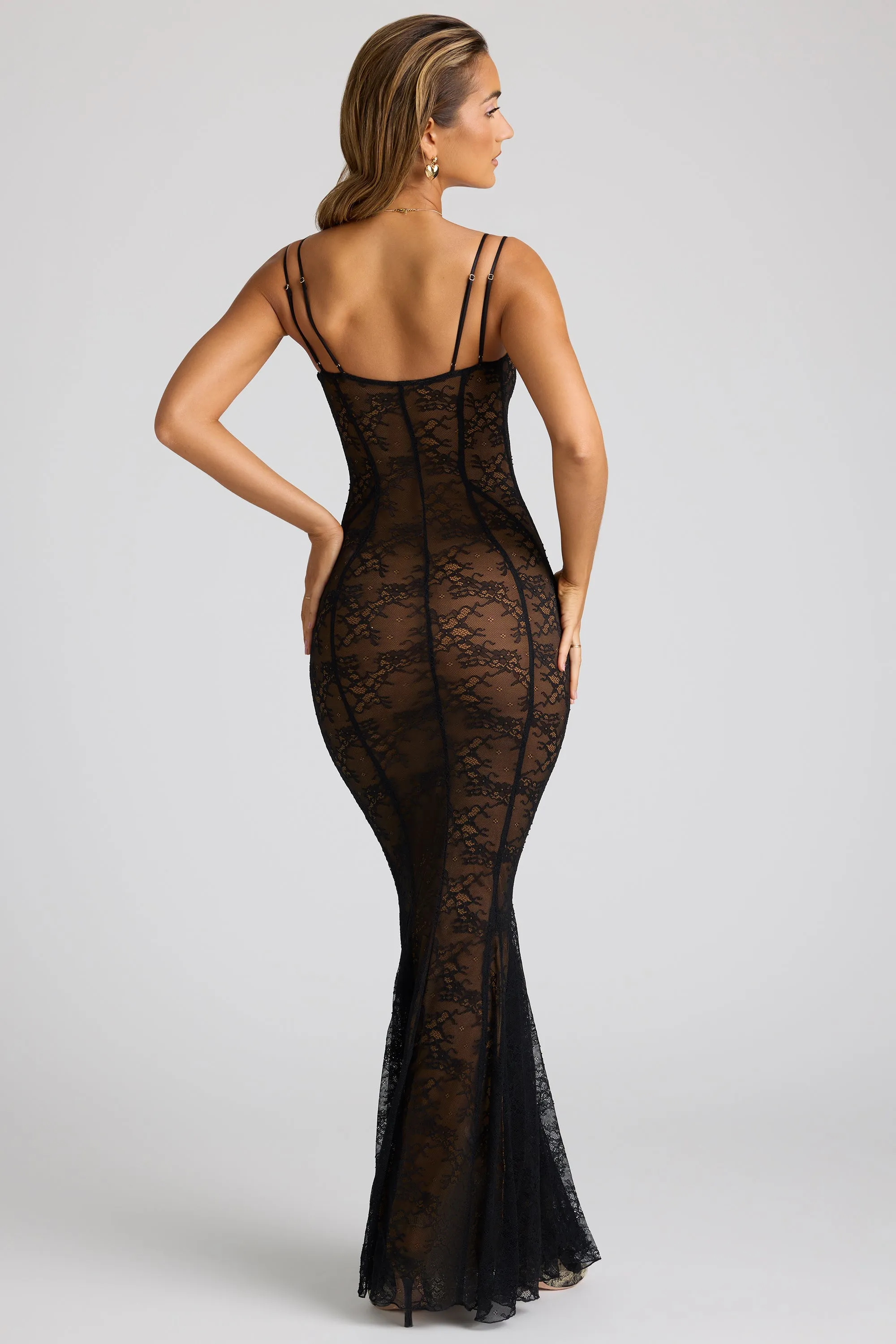 Sheer Lace Fishtail Gown in Black