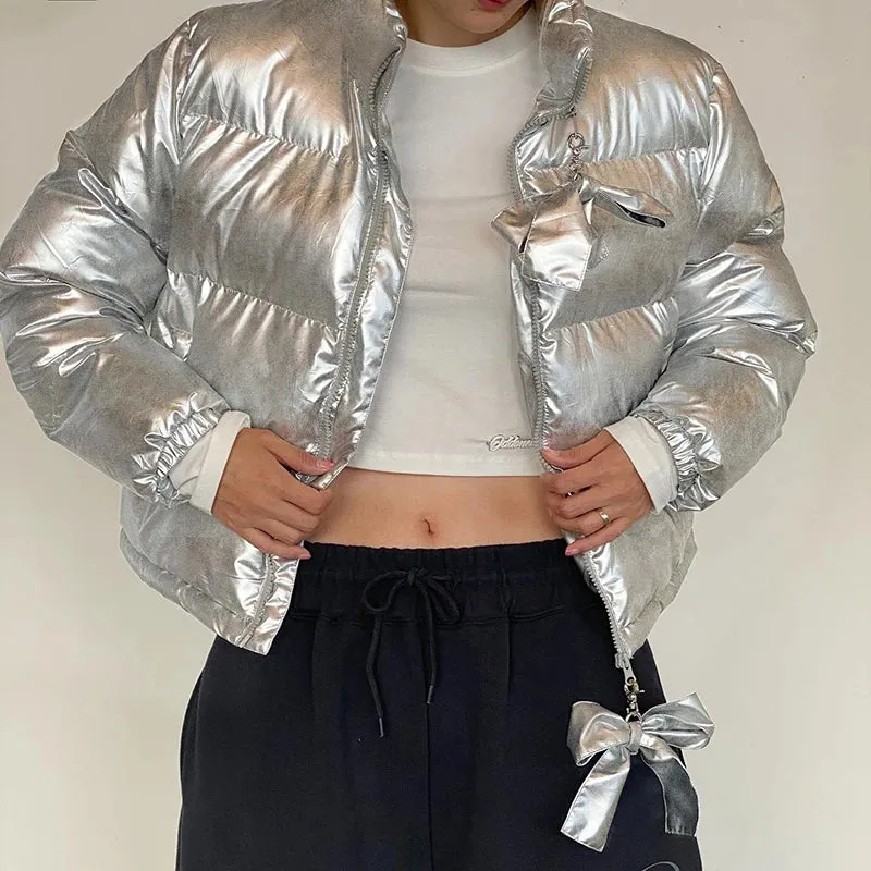 Silver Bow Zip-Up Puffer Coat
