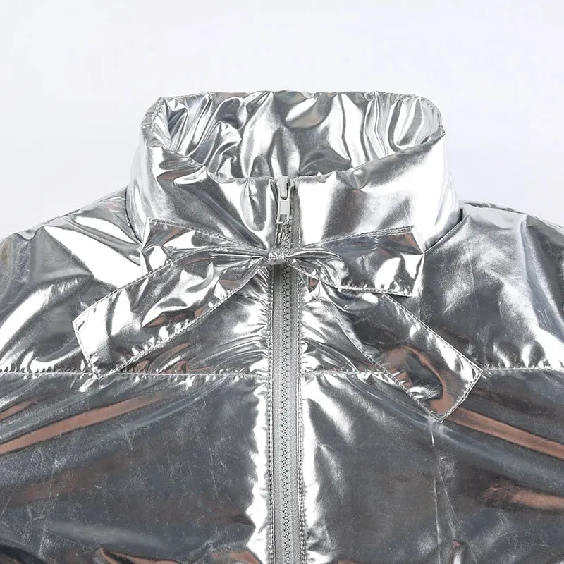 Silver Bow Zip-Up Puffer Coat