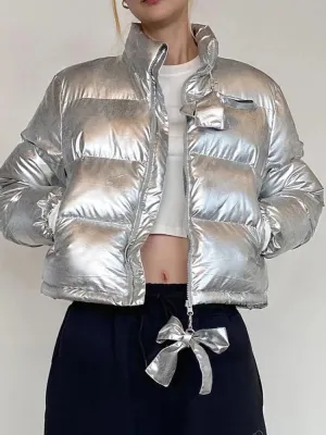 Silver Bow Zip-Up Puffer Coat