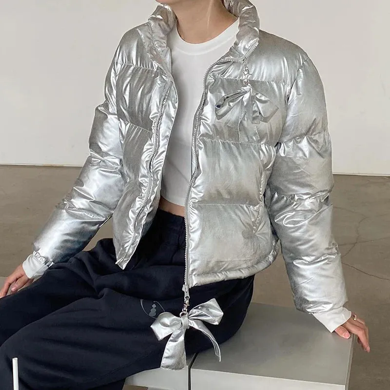 Silver Bow Zip-Up Puffer Coat