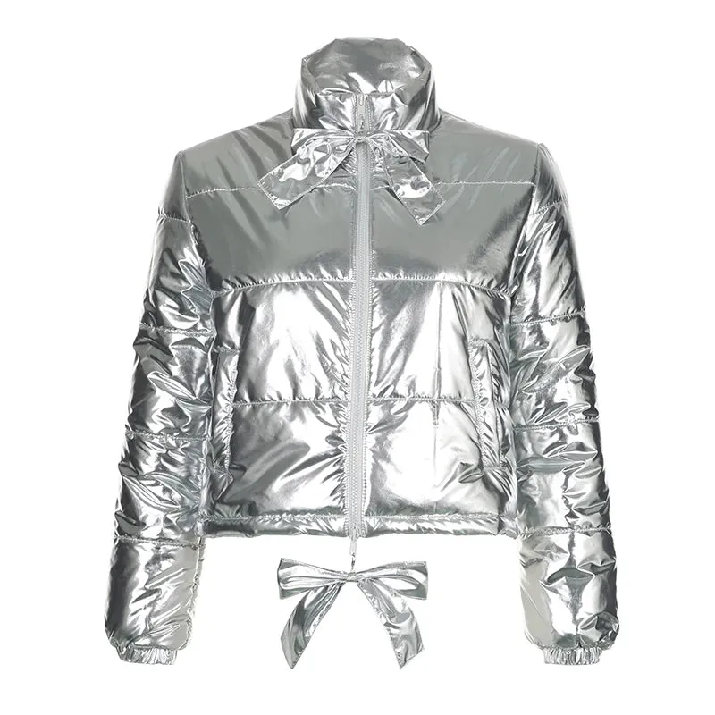 Silver Bow Zip-Up Puffer Coat