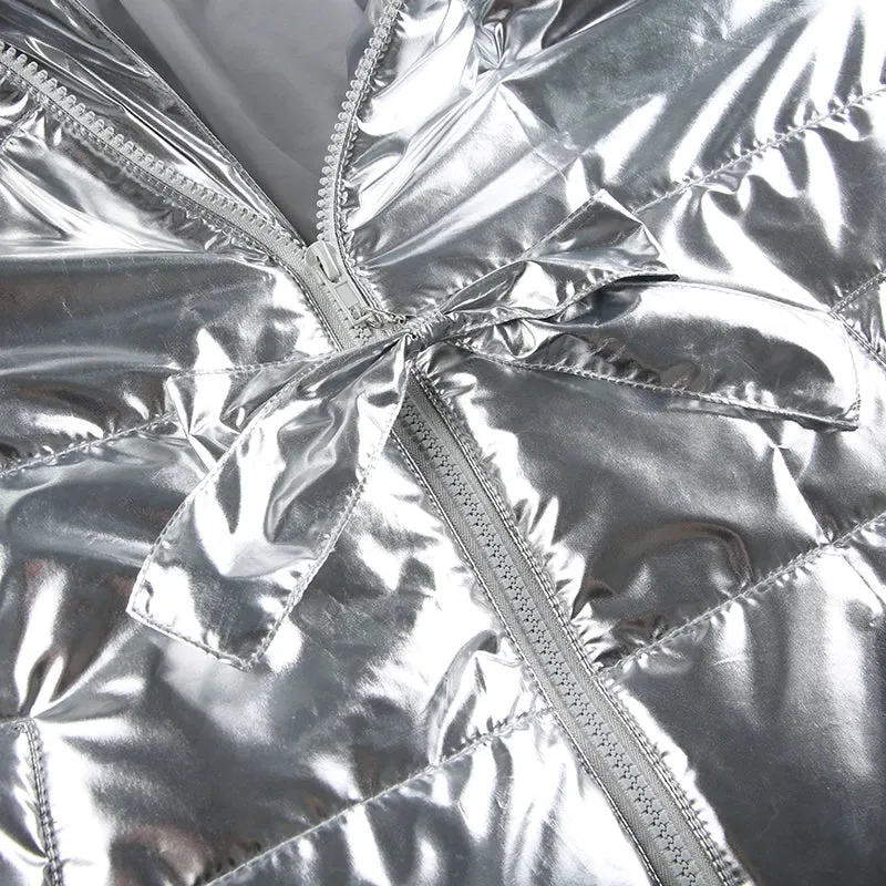 Silver Bow Zip-Up Puffer Coat