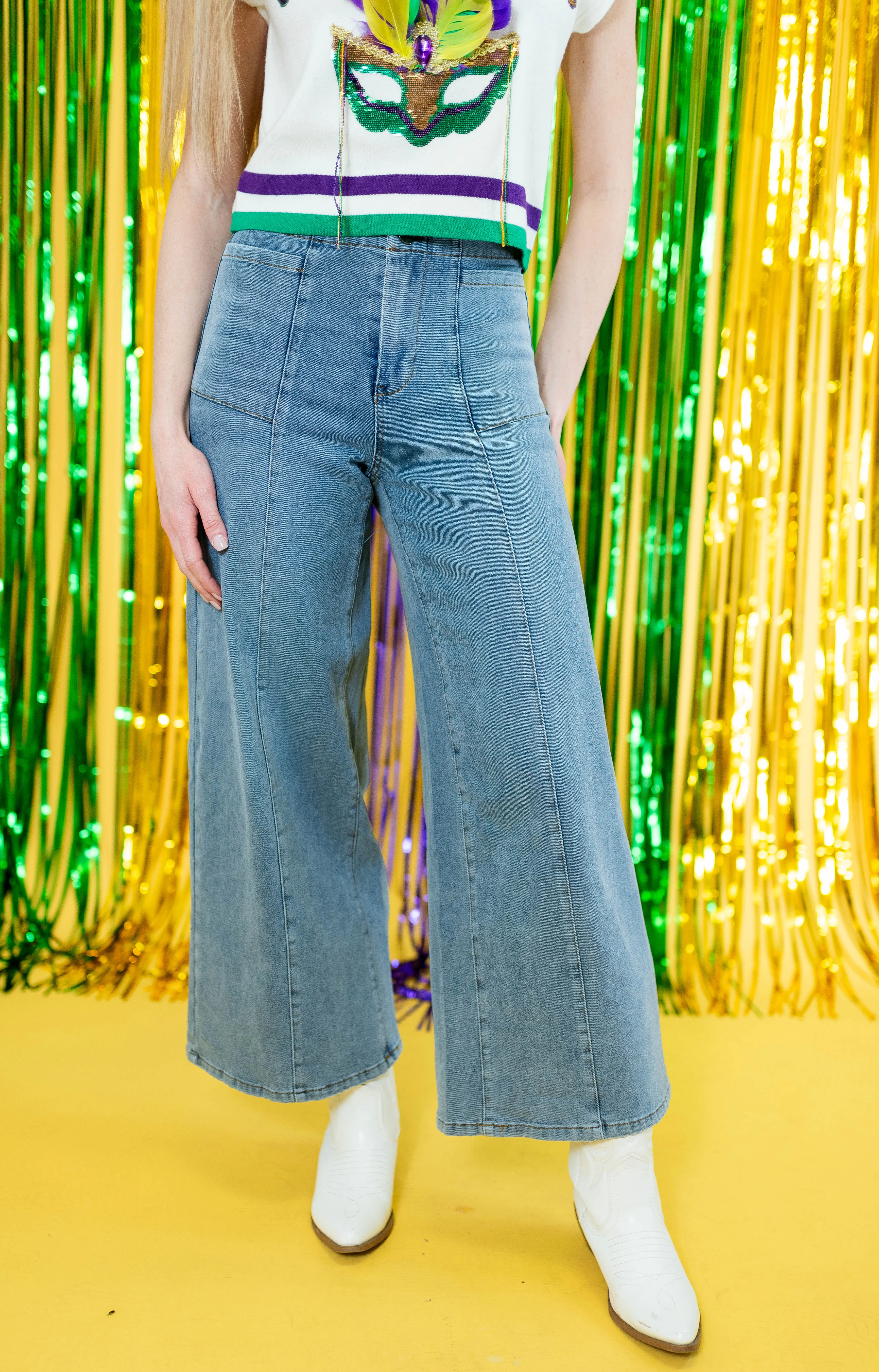 Stretchy Wide Leg Washed Denim Jeans