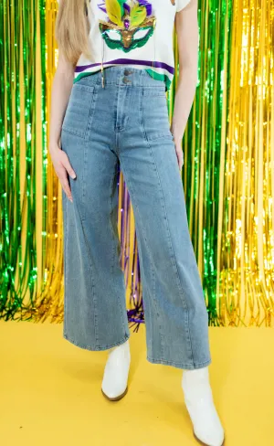 Stretchy Wide Leg Washed Denim Jeans