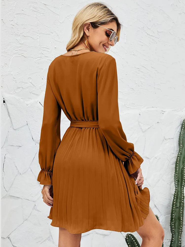 V Neck Long Sleeve High Waist Pleatd Mini Dresses