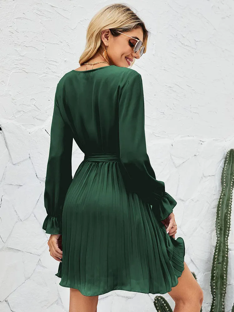 V Neck Long Sleeve High Waist Pleatd Mini Dresses