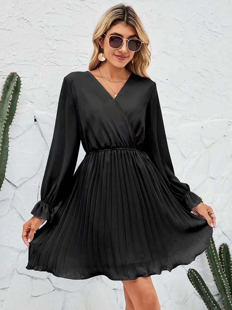 V Neck Long Sleeve High Waist Pleatd Mini Dresses