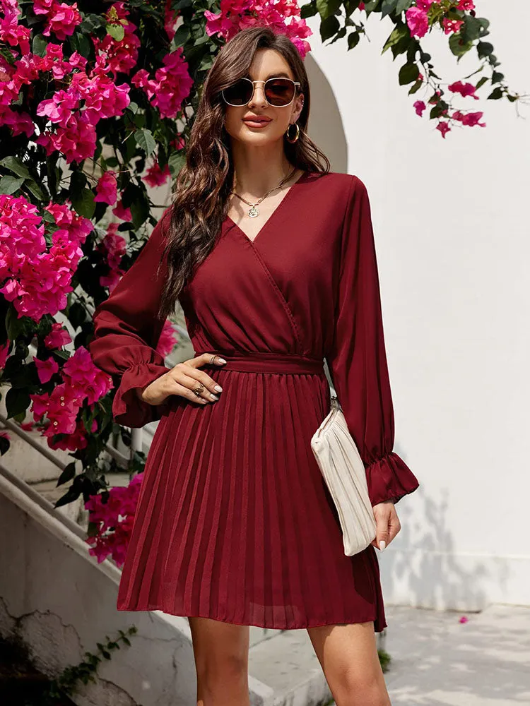 V Neck Long Sleeve High Waist Pleatd Mini Dresses