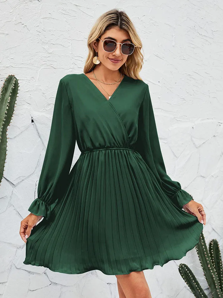 V Neck Long Sleeve High Waist Pleatd Mini Dresses