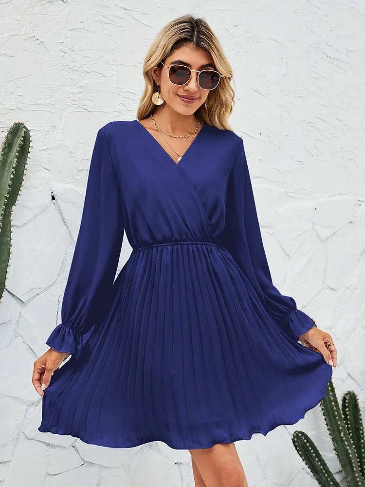 V Neck Long Sleeve High Waist Pleatd Mini Dresses