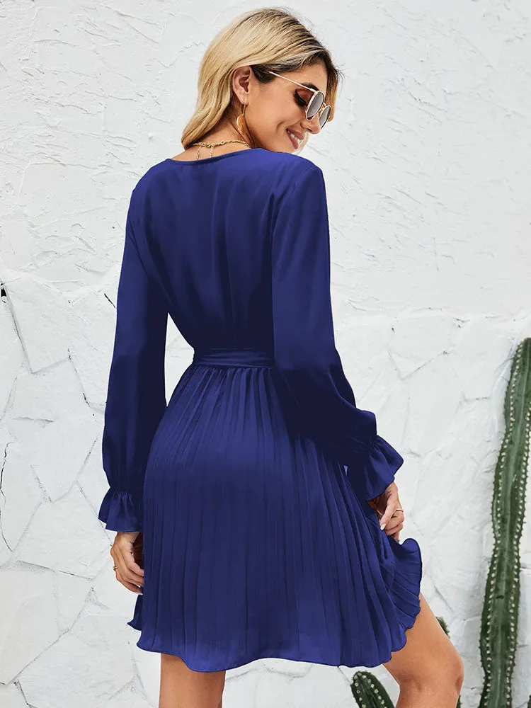 V Neck Long Sleeve High Waist Pleatd Mini Dresses