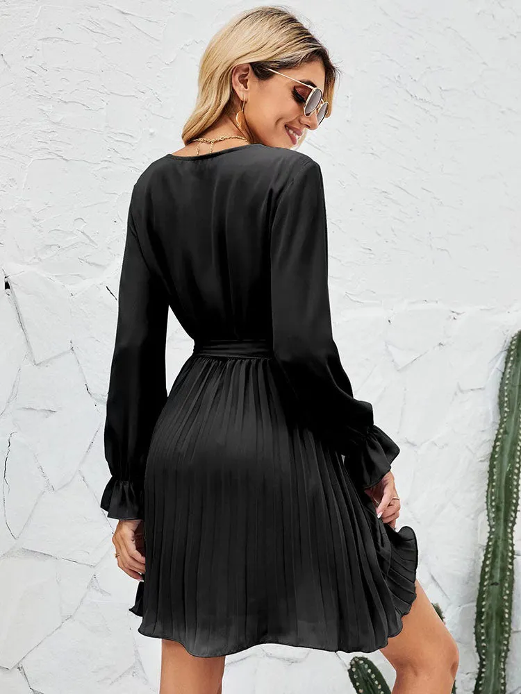 V Neck Long Sleeve High Waist Pleatd Mini Dresses