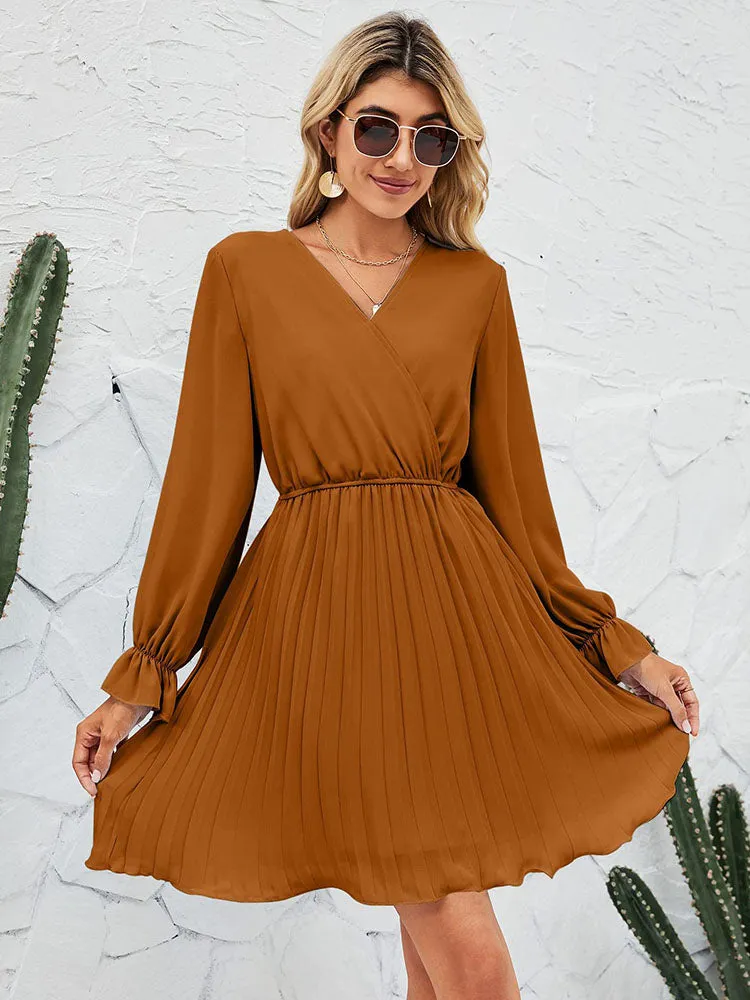 V Neck Long Sleeve High Waist Pleatd Mini Dresses