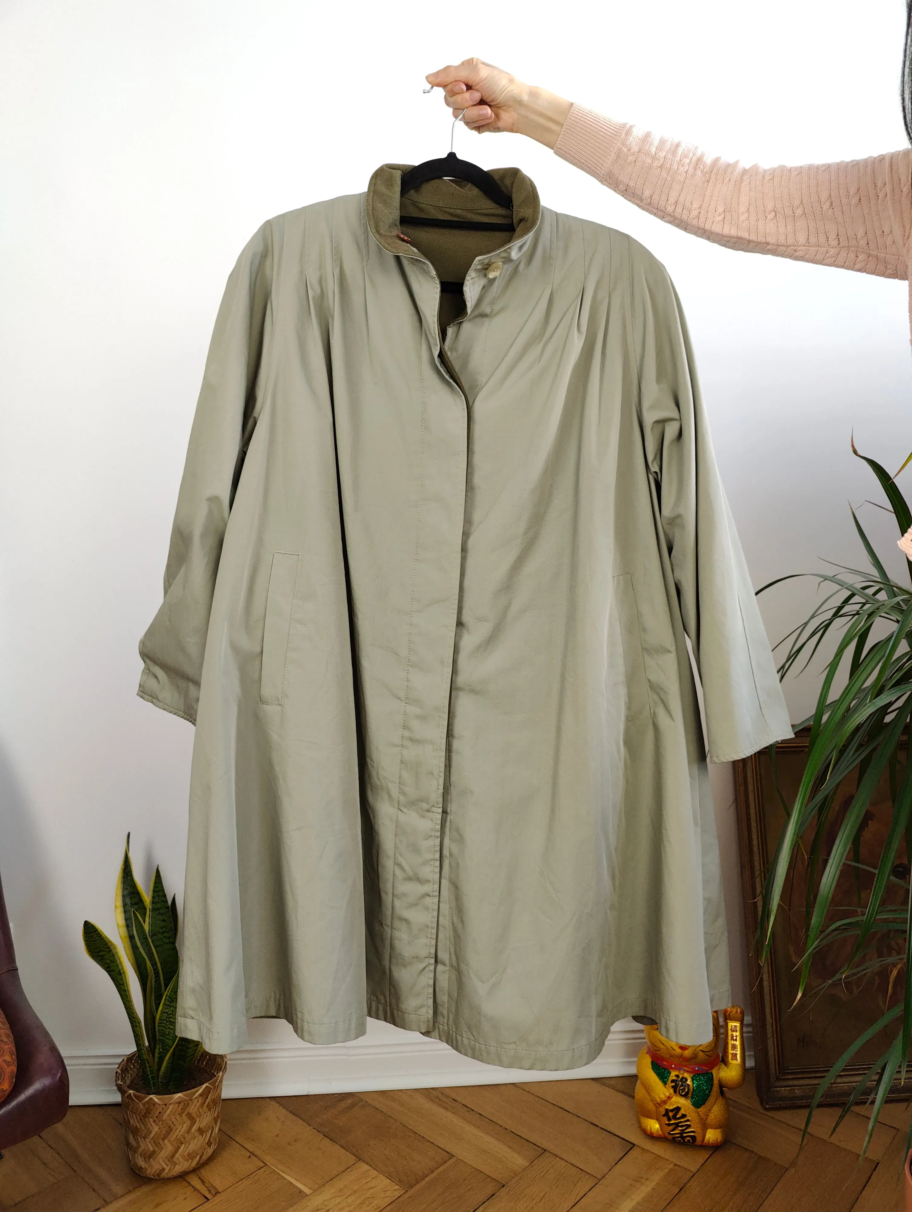 Vintage 2-in-1 reversible trench coat light green khaki lining lined midi mid long women M-L