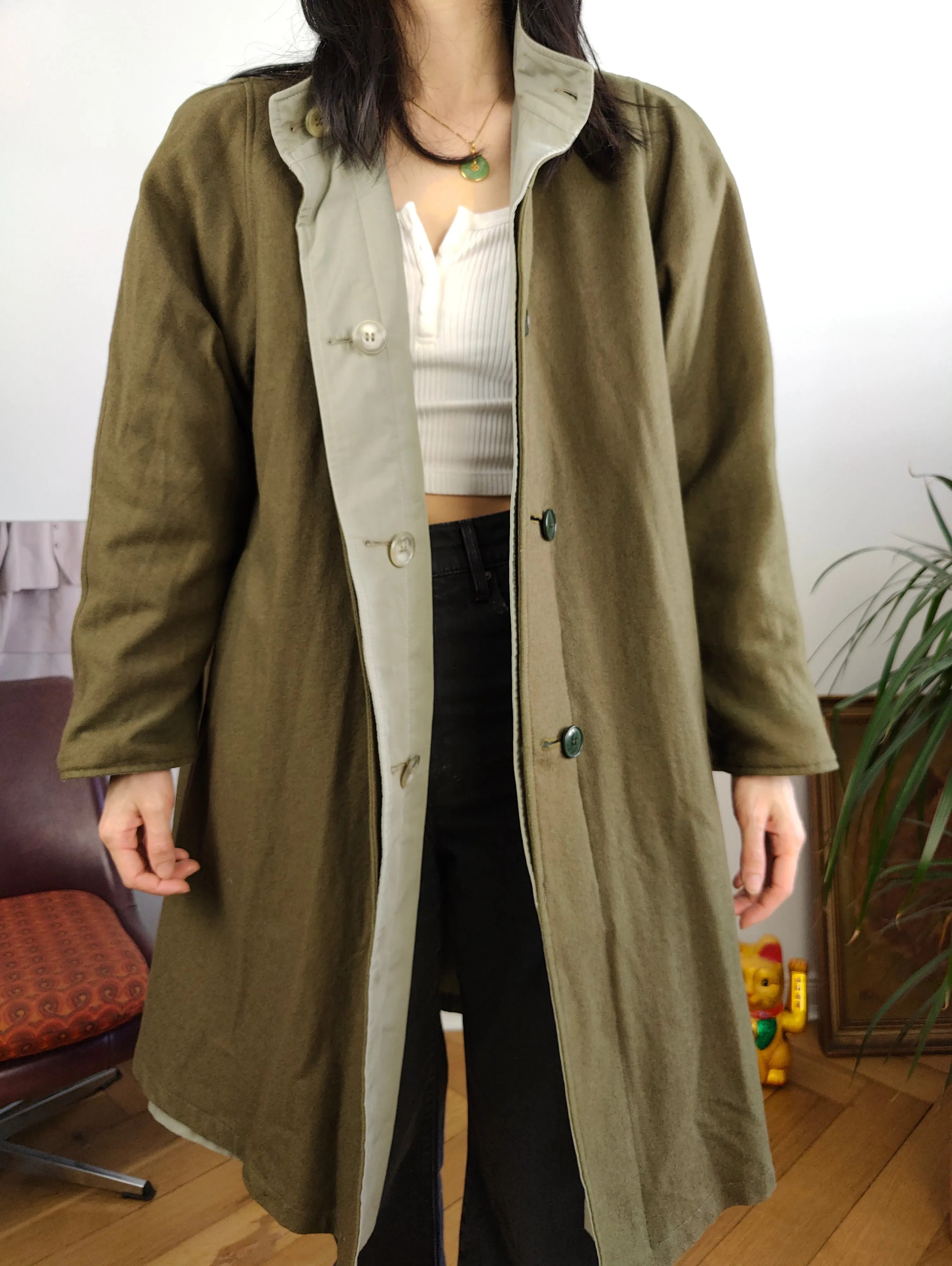 Vintage 2-in-1 reversible trench coat light green khaki lining lined midi mid long women M-L