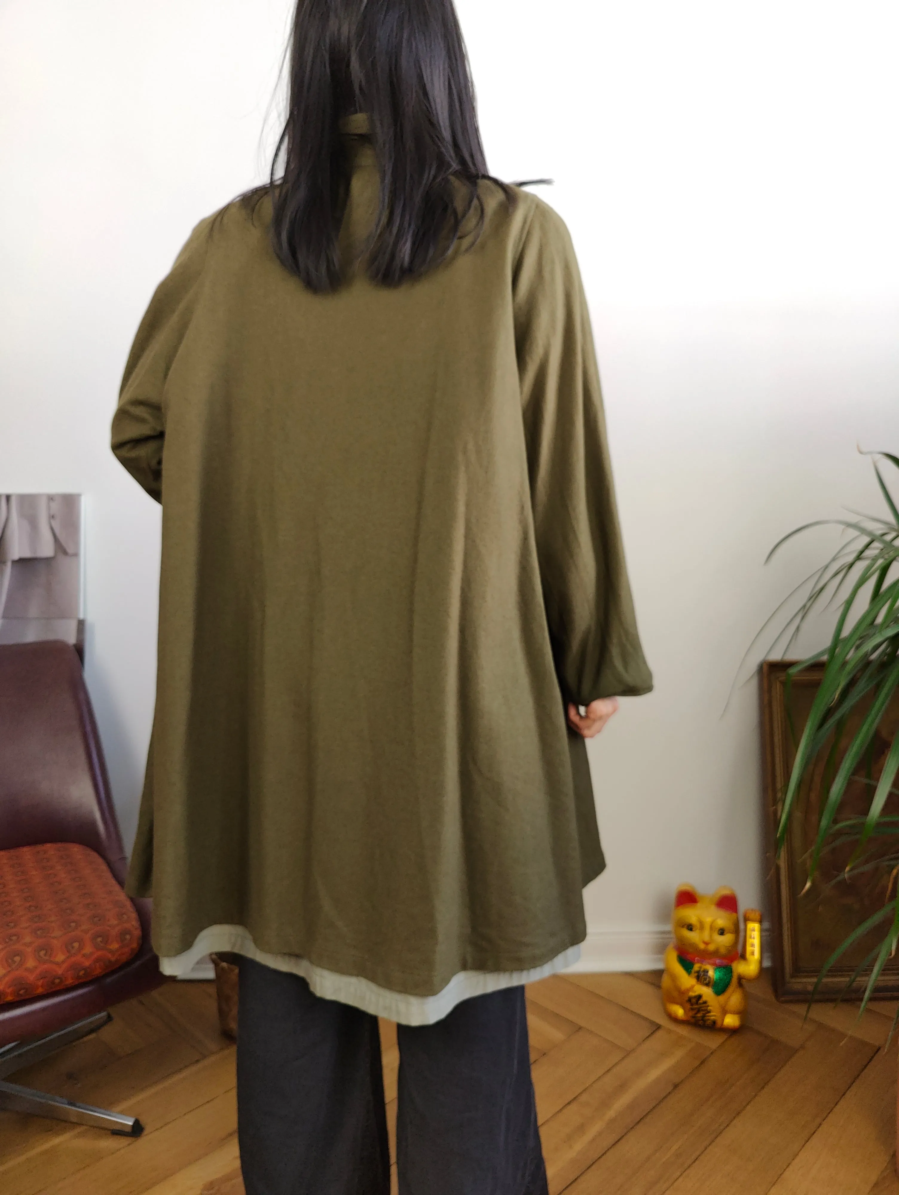 Vintage 2-in-1 reversible trench coat light green khaki lining lined midi mid long women M-L