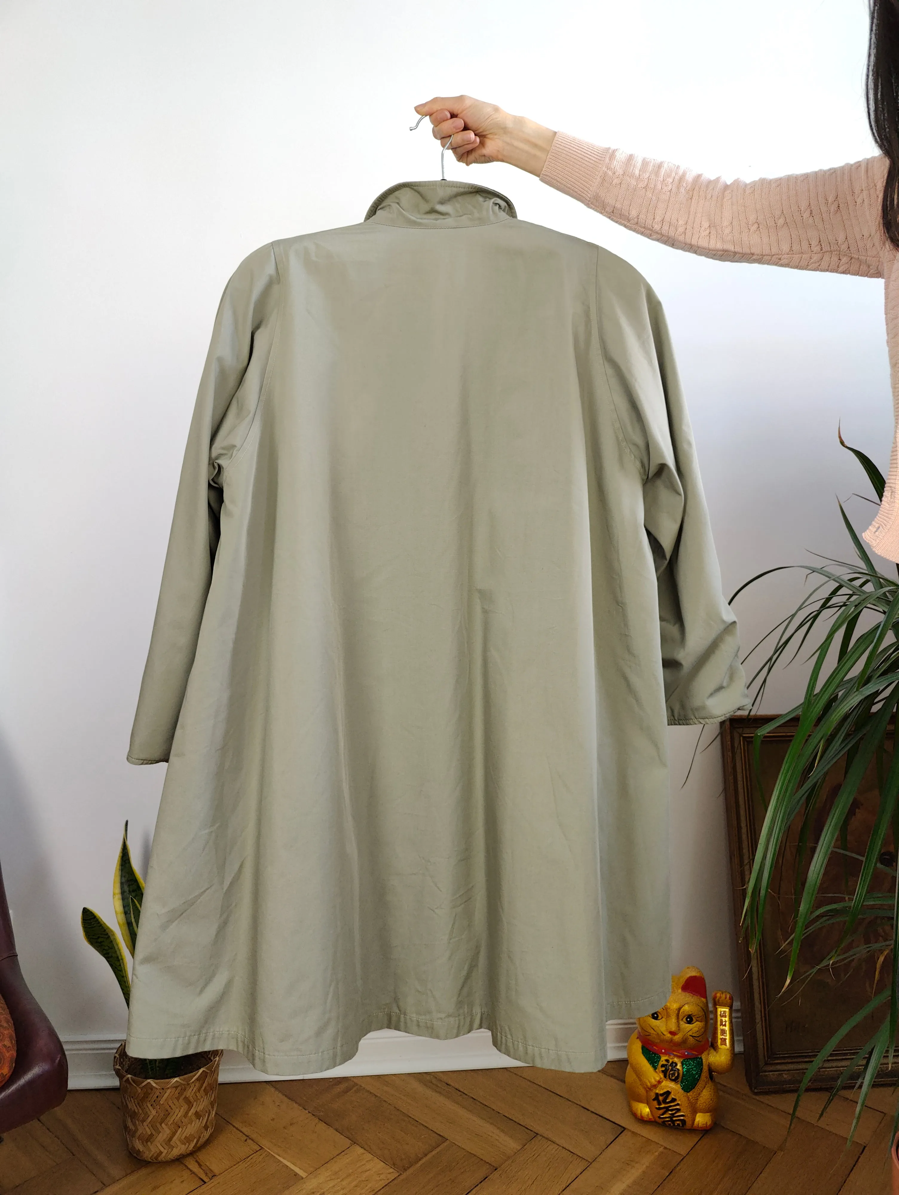 Vintage 2-in-1 reversible trench coat light green khaki lining lined midi mid long women M-L