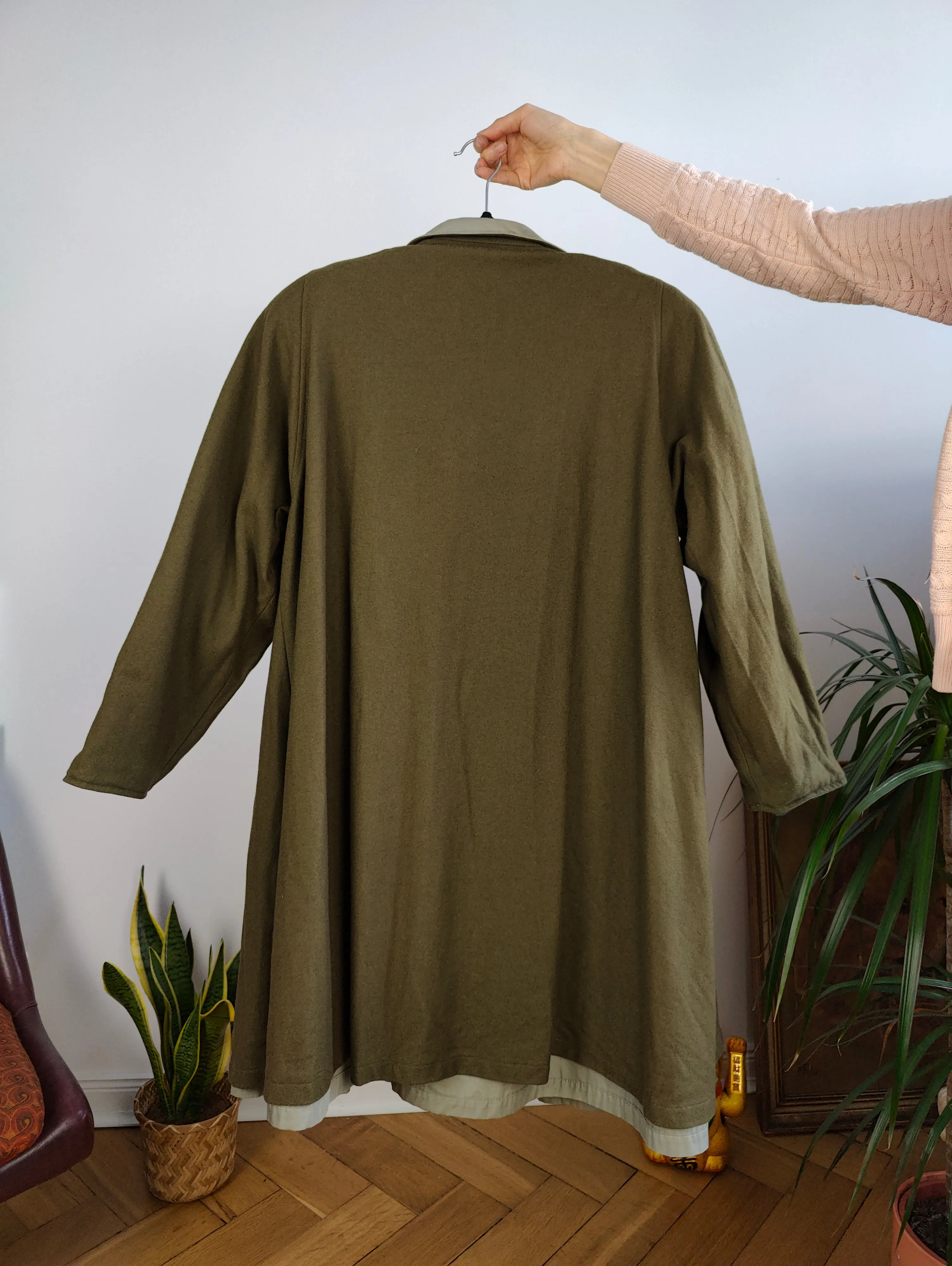Vintage 2-in-1 reversible trench coat light green khaki lining lined midi mid long women M-L