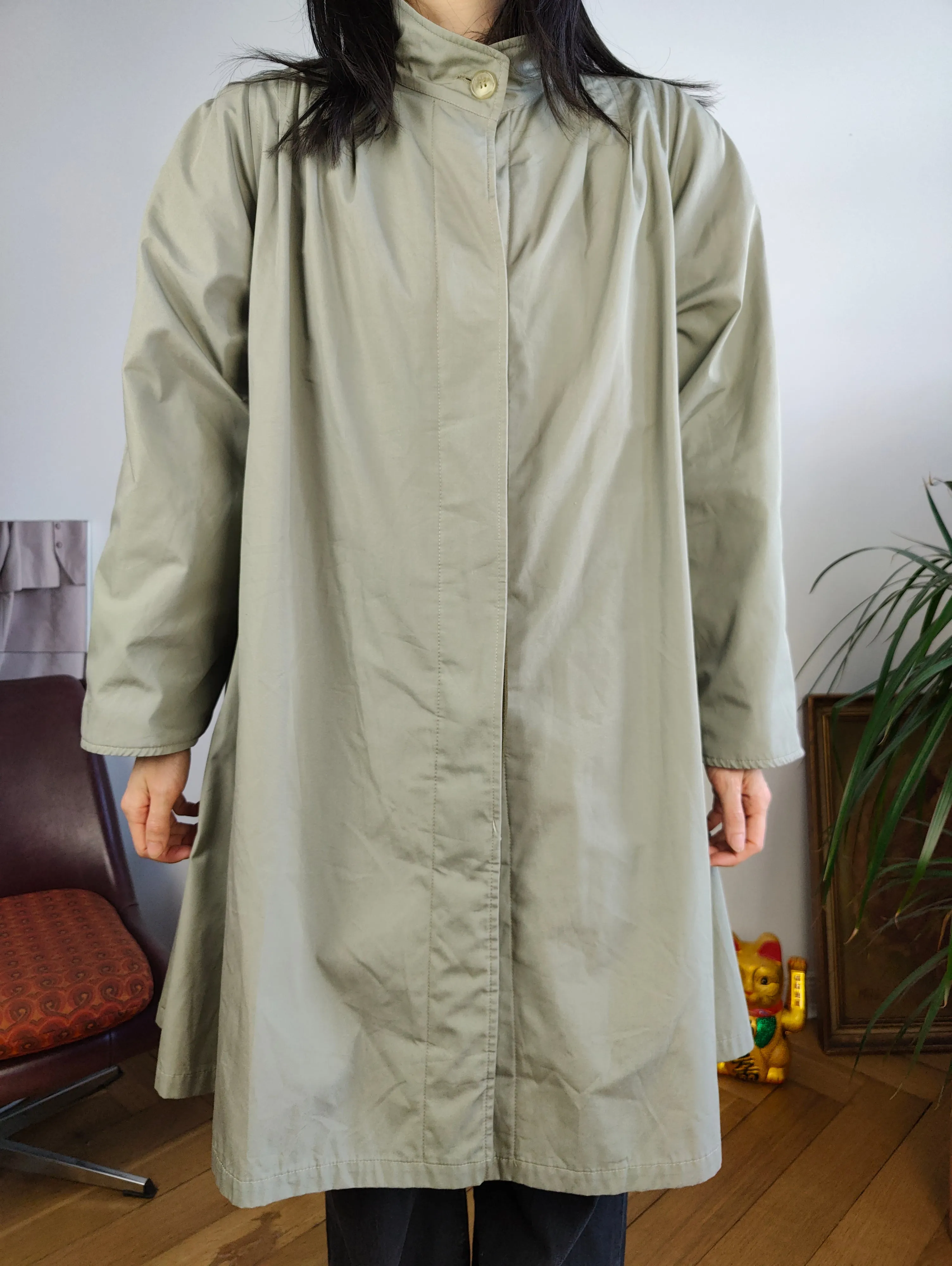 Vintage 2-in-1 reversible trench coat light green khaki lining lined midi mid long women M-L