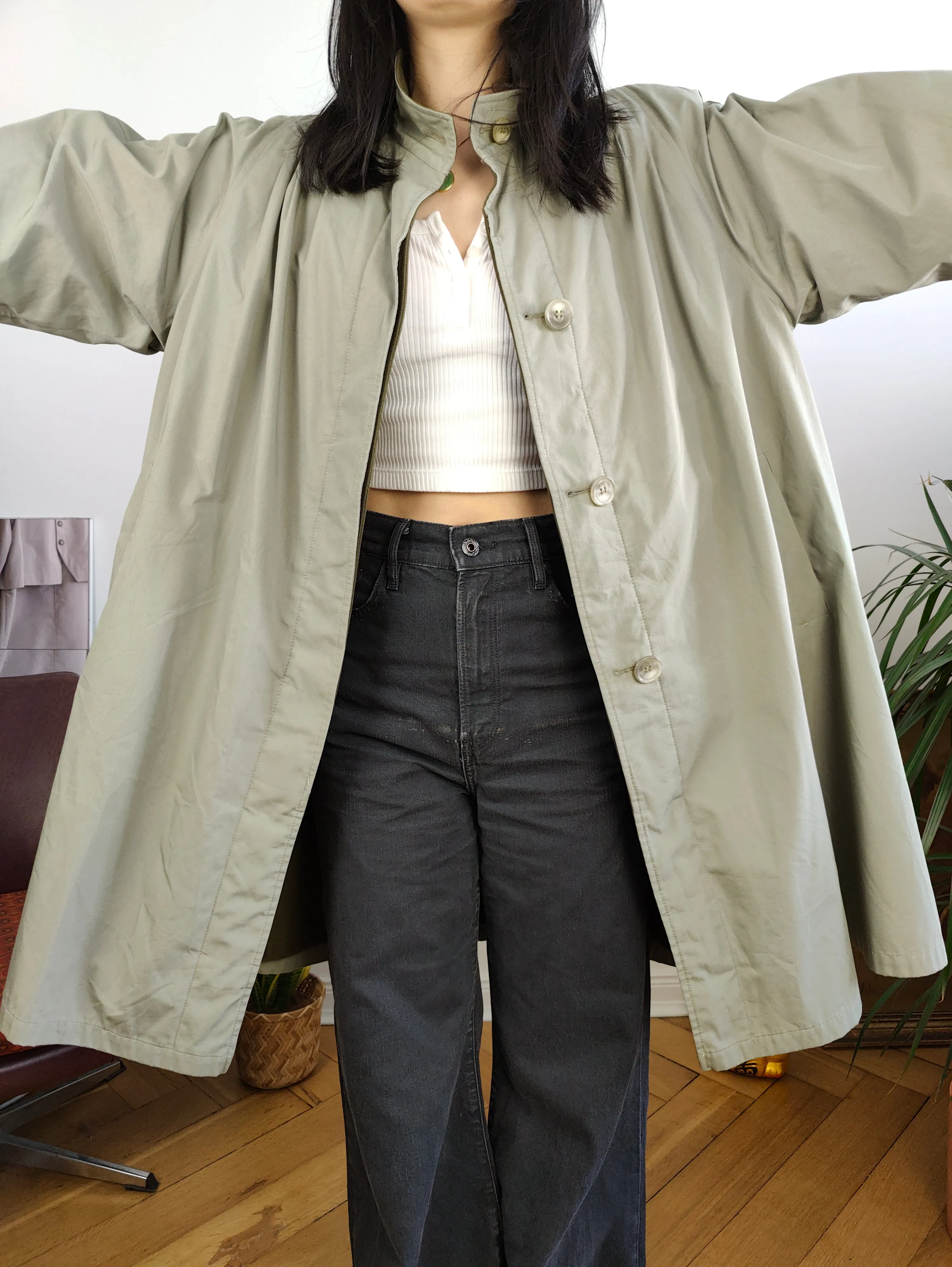 Vintage 2-in-1 reversible trench coat light green khaki lining lined midi mid long women M-L