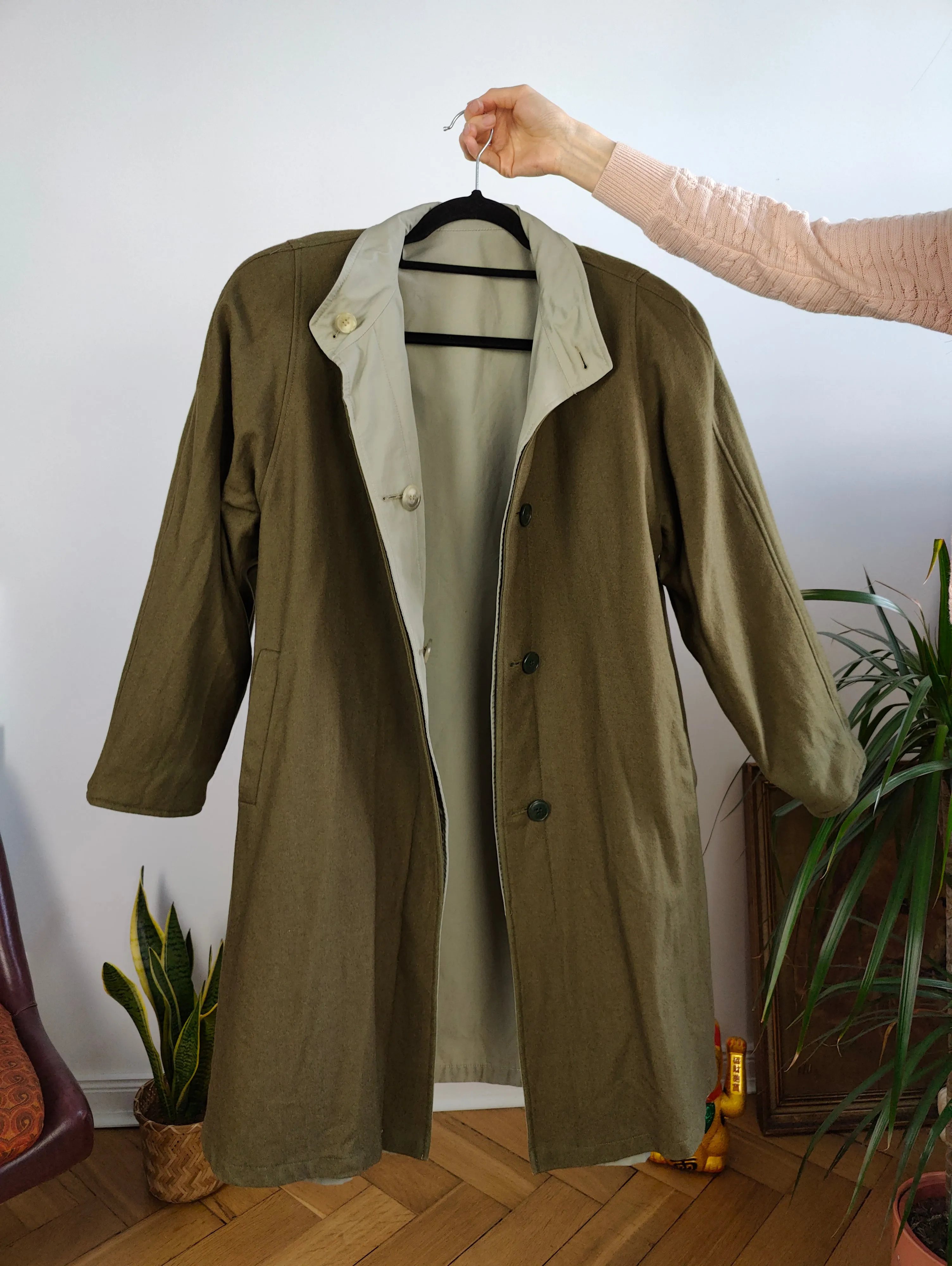 Vintage 2-in-1 reversible trench coat light green khaki lining lined midi mid long women M-L