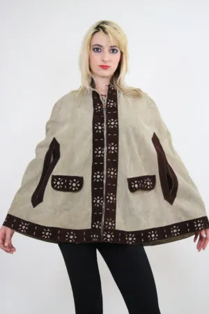 Vintage 60s Hippie Boho Brown Suede Leather Cape