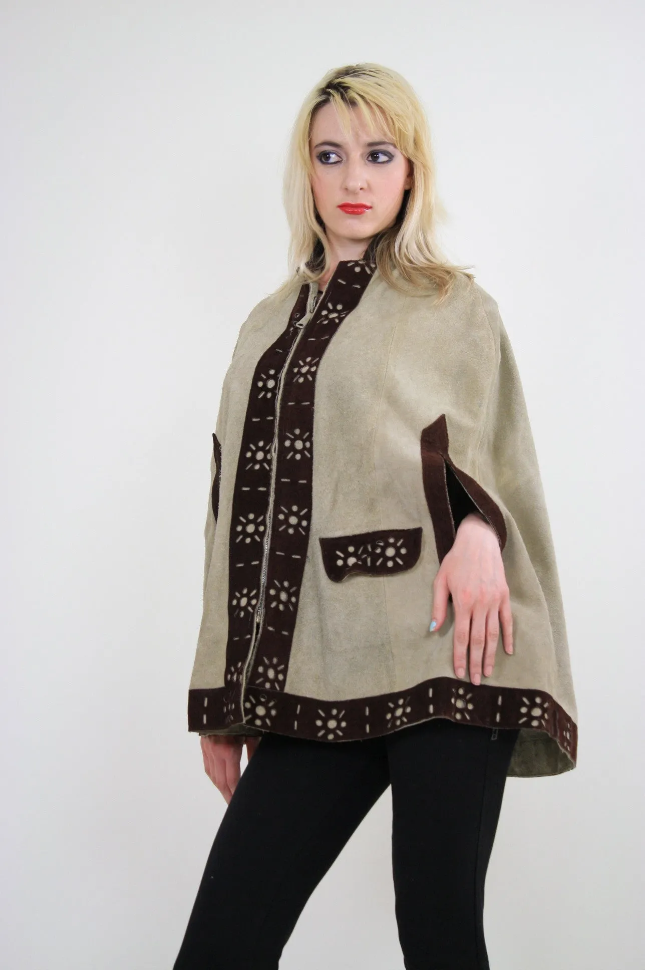 Vintage 60s Hippie Boho Brown Suede Leather Cape
