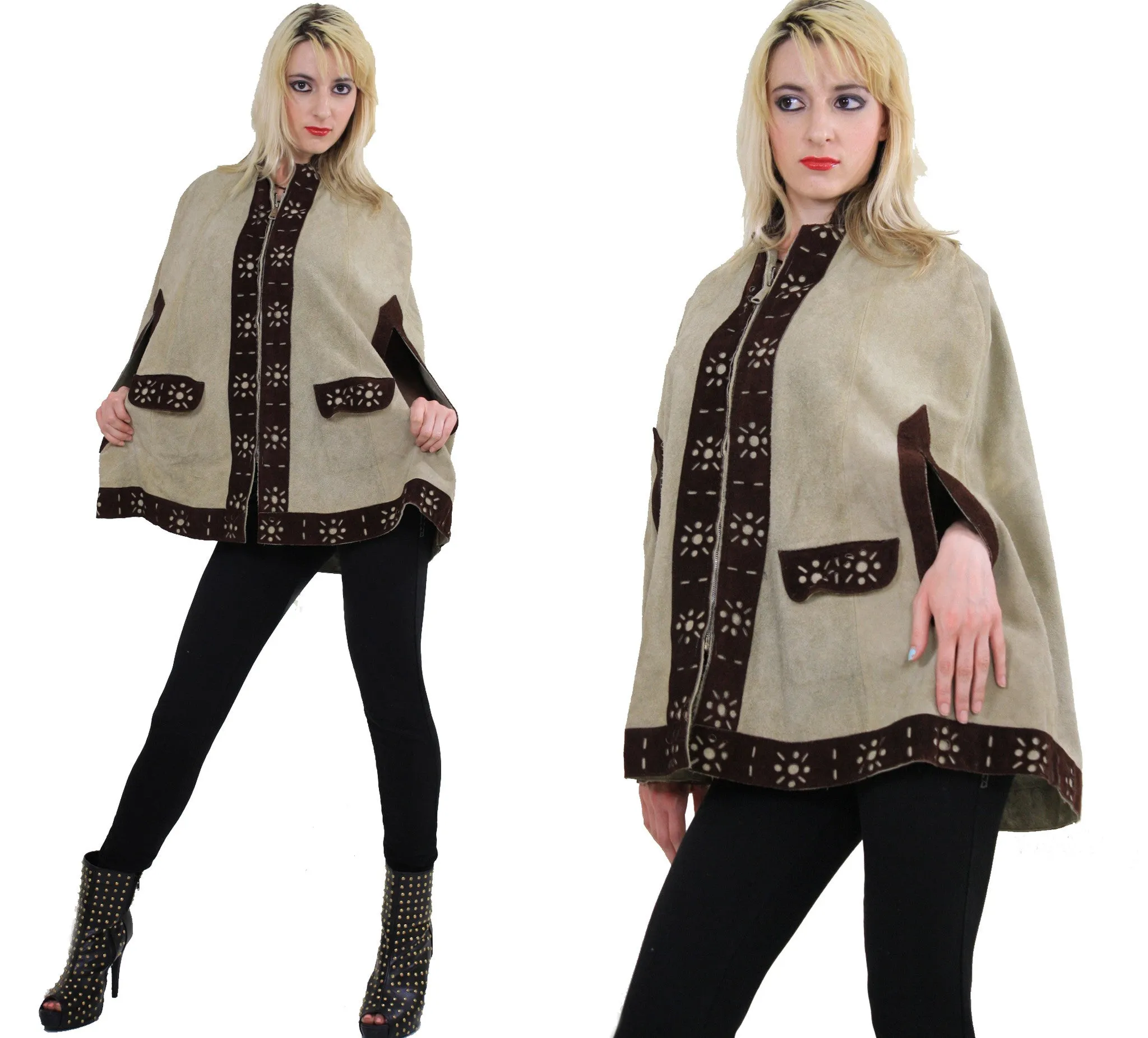 Vintage 60s Hippie Boho Brown Suede Leather Cape