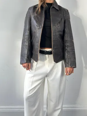 Vintage Distressed Structured Leather Jacket - S/M