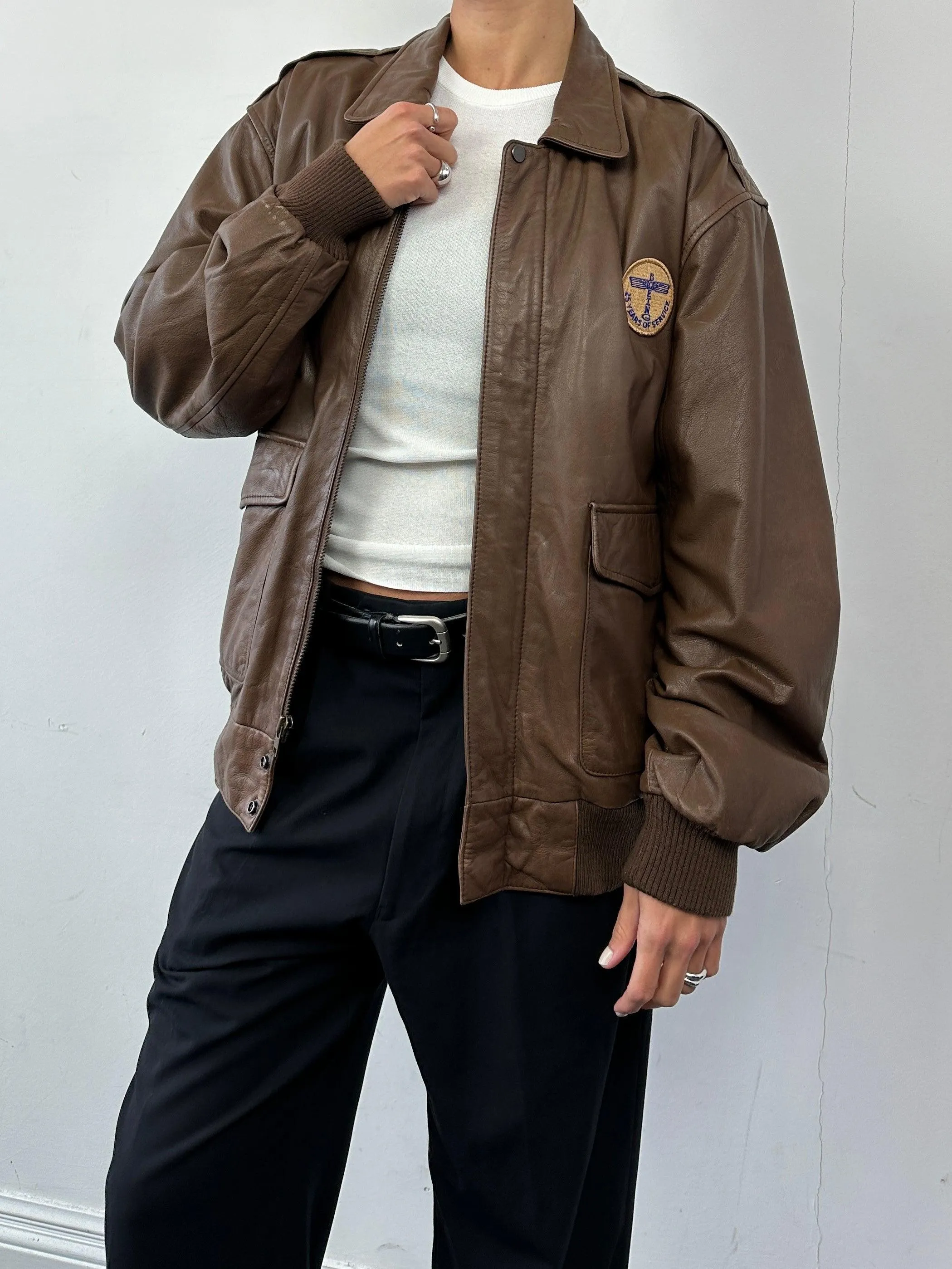 Vintage Embroidery Aviator Leather Bomber Jacket - M/L