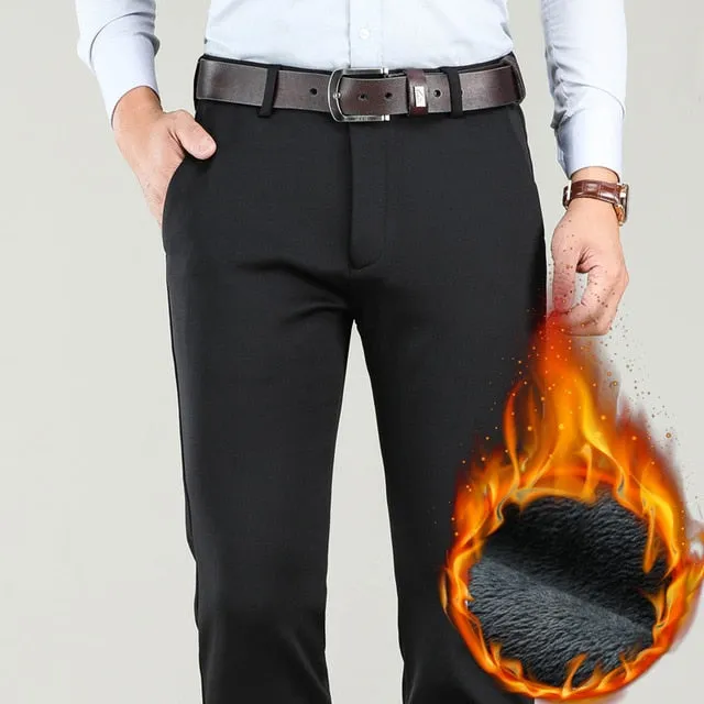 Winter Men Warm Casual Pants Business Fashion Classic Style Thicken Stretch Trousers Male Brand Gray Khaki