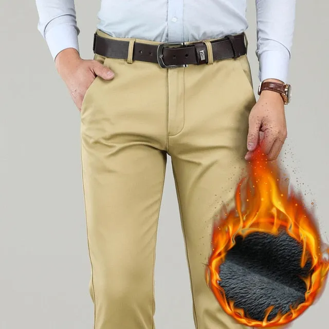 Winter Men Warm Casual Pants Business Fashion Classic Style Thicken Stretch Trousers Male Brand Gray Khaki