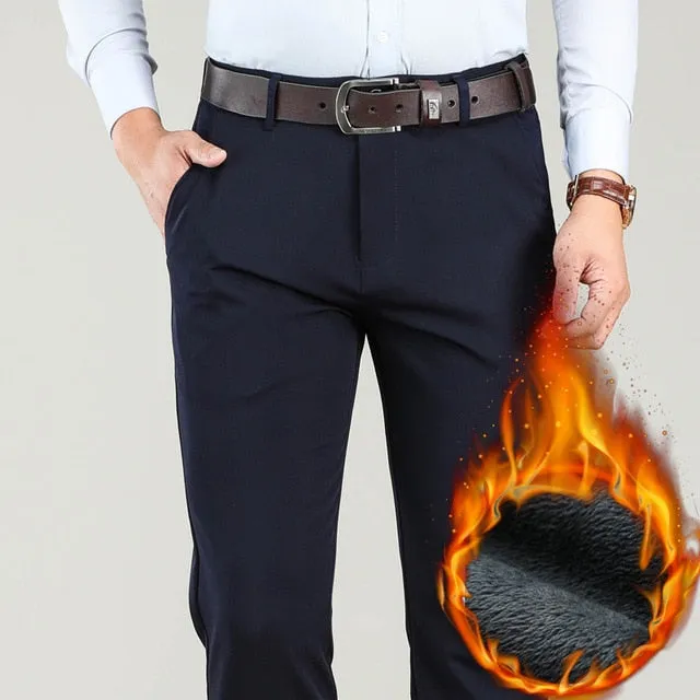Winter Men Warm Casual Pants Business Fashion Classic Style Thicken Stretch Trousers Male Brand Gray Khaki