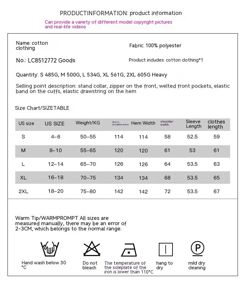Winter Puffer Coat Leisure Solid Color Stand-up Collar Cotton-padded