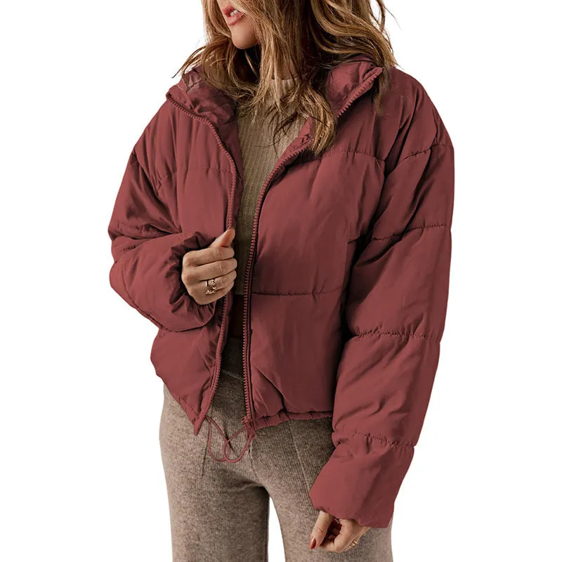 Winter Puffer Coat Leisure Solid Color Stand-up Collar Cotton-padded