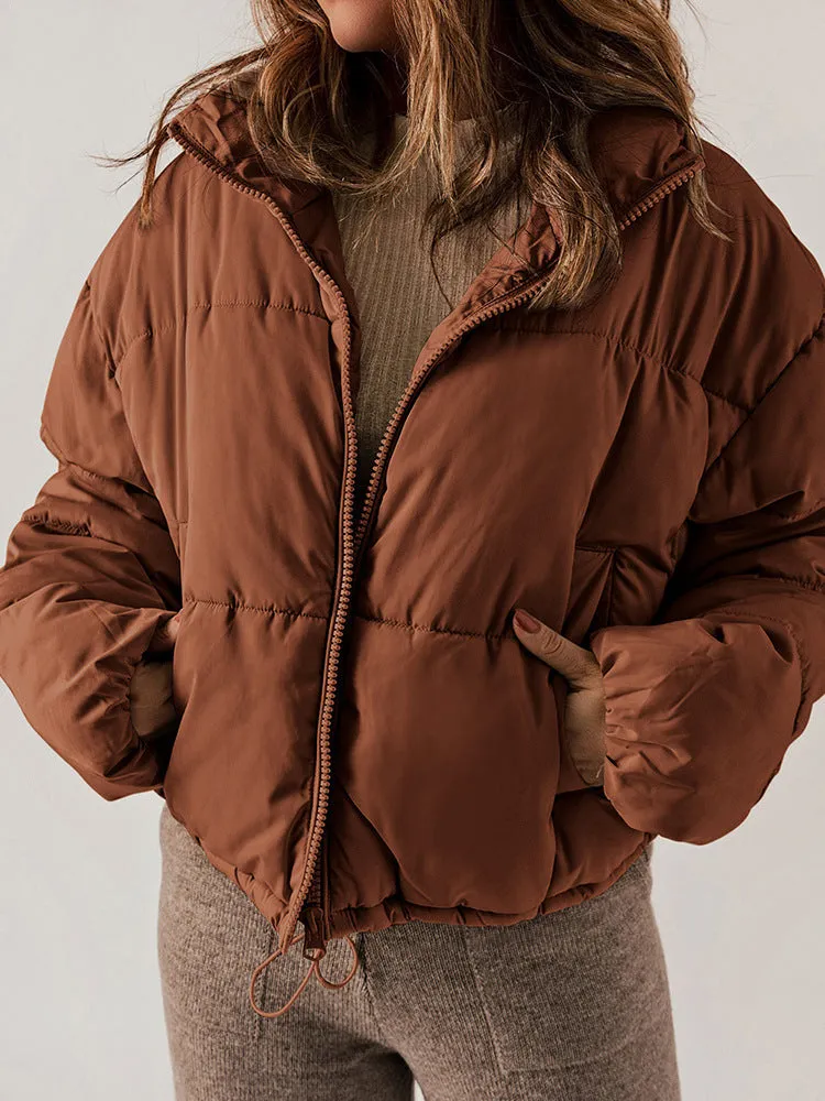 Winter Puffer Coat Leisure Solid Color Stand-up Collar Cotton-padded
