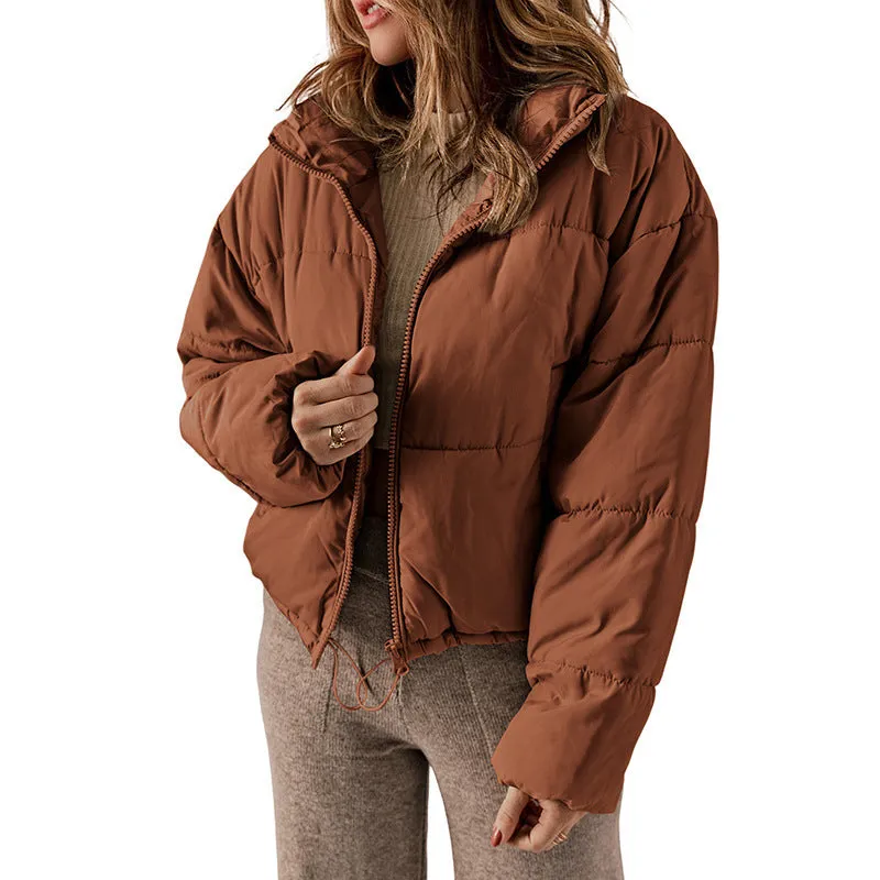 Winter Puffer Coat Leisure Solid Color Stand-up Collar Cotton-padded