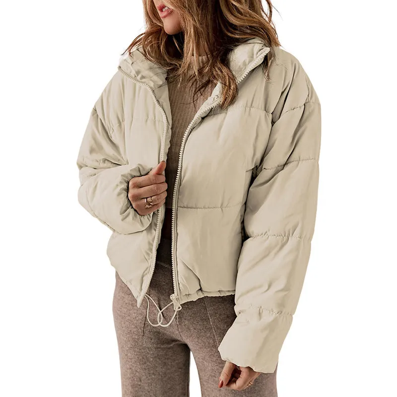 Winter Puffer Coat Leisure Solid Color Stand-up Collar Cotton-padded