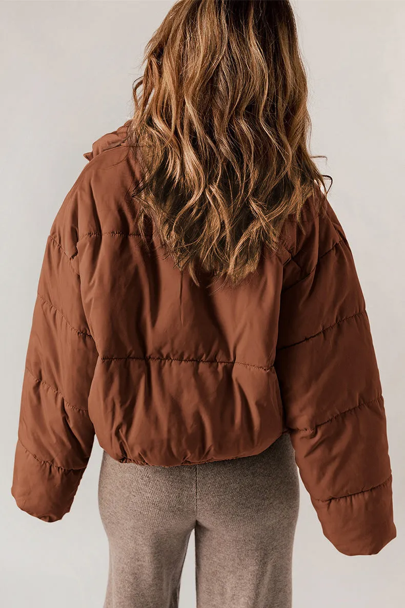 Winter Puffer Coat Leisure Solid Color Stand-up Collar Cotton-padded