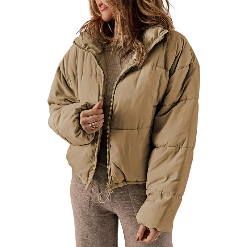 Winter Puffer Coat Leisure Solid Color Stand-up Collar Cotton-padded